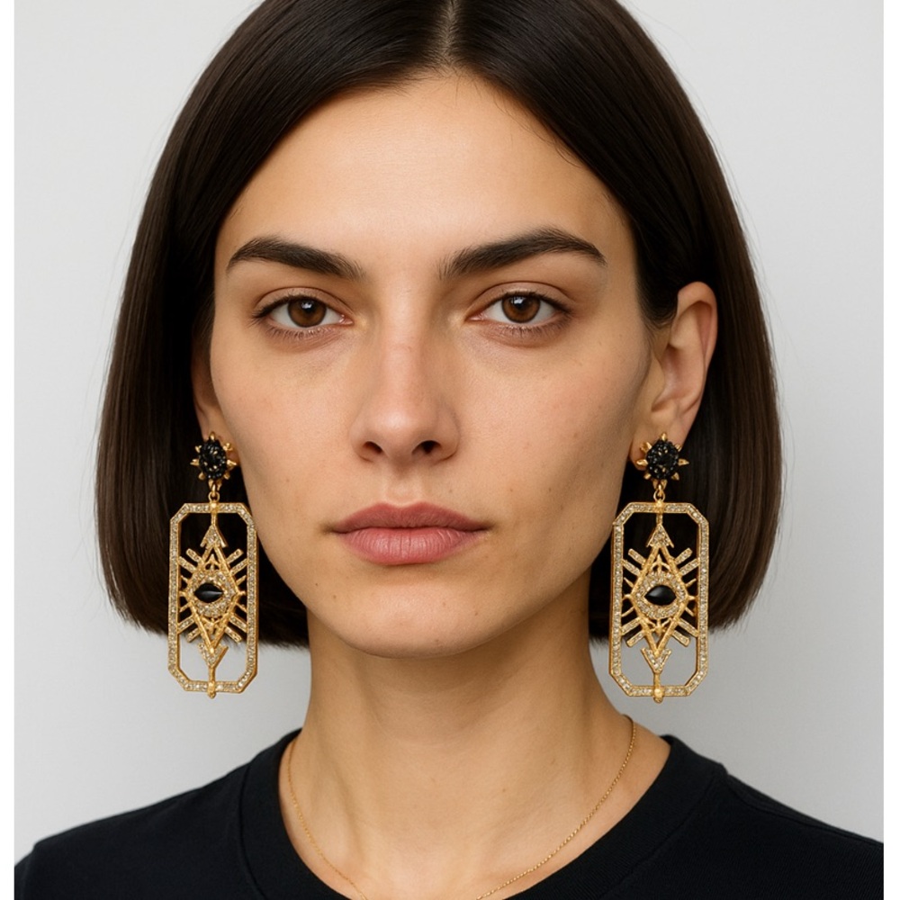 Evil Eye Rhinestone Geo Gold Drop Statement Earrings